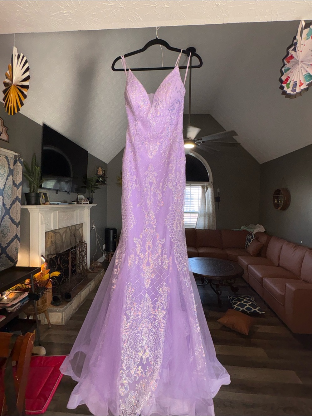 Lavender Lace Appliqué Evening Gown with Spaghetti Straps